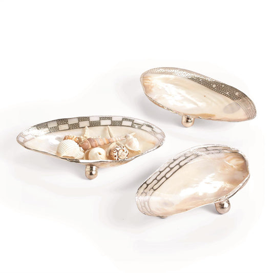 Ornamented Cabebe Shell Decorative Footed Tray Assorted 3 Designs (size will vary) - Shell/Silver Plated Trim