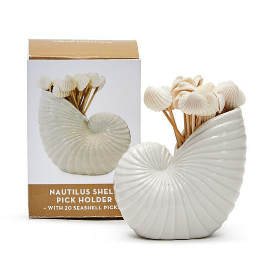 Nautilus Shell with 20 Seashell Picks in Gift Box - Ceramic/Bamboo/Seashell