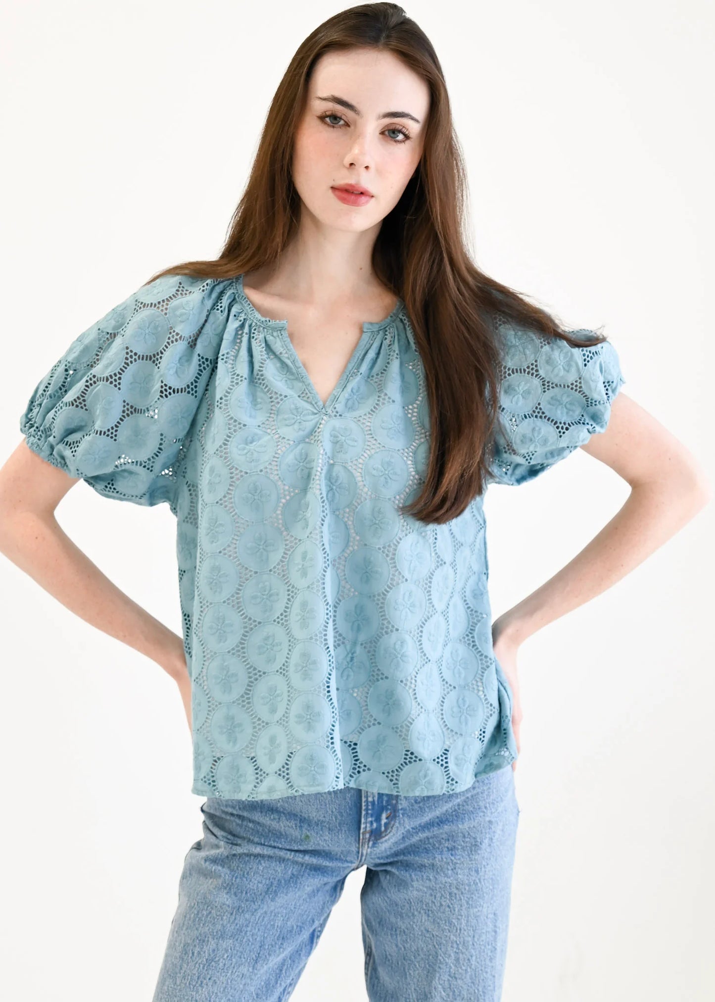 Gathered VNeck Top Beryl Blue Eyelet
