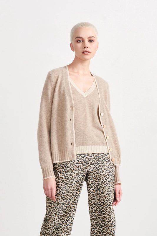 Contrast Tip Cashmere Cardigan in Organic Light Brown and Oatmeal