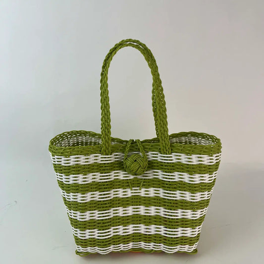 Berry Basket- Stripe in Pear Green + White