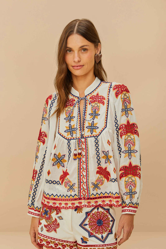 Mary Tiles Off-White Embroidered Blouse