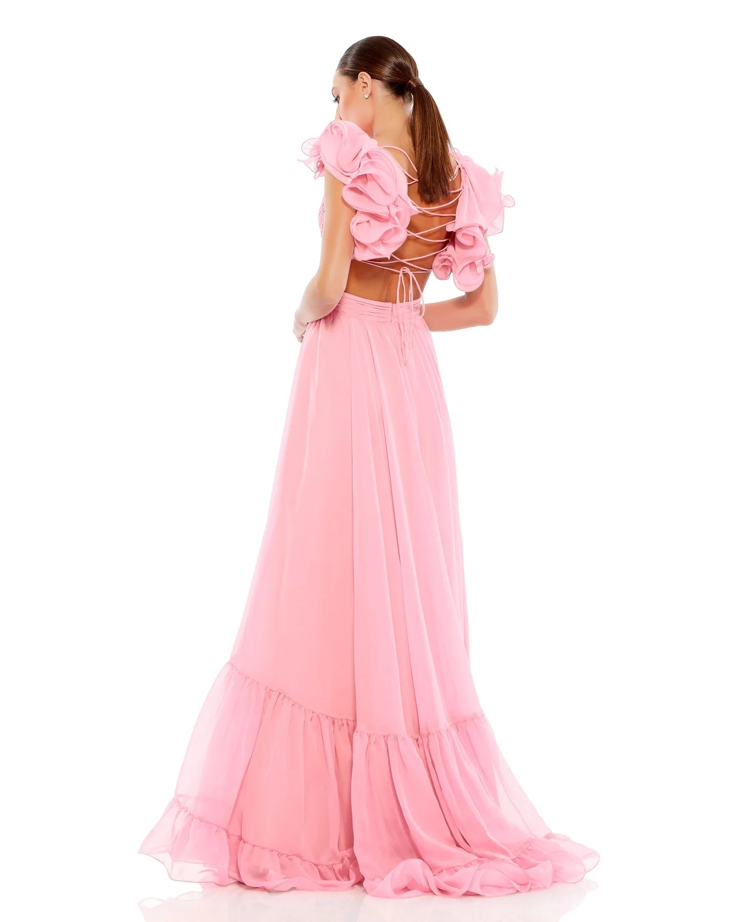 Ruffle Tiered Cut-Out Chiffon Gown- Blush