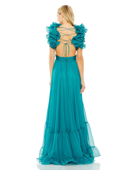 Ruffle Tiered Cut-Out Chiffon Gown- Turquoise