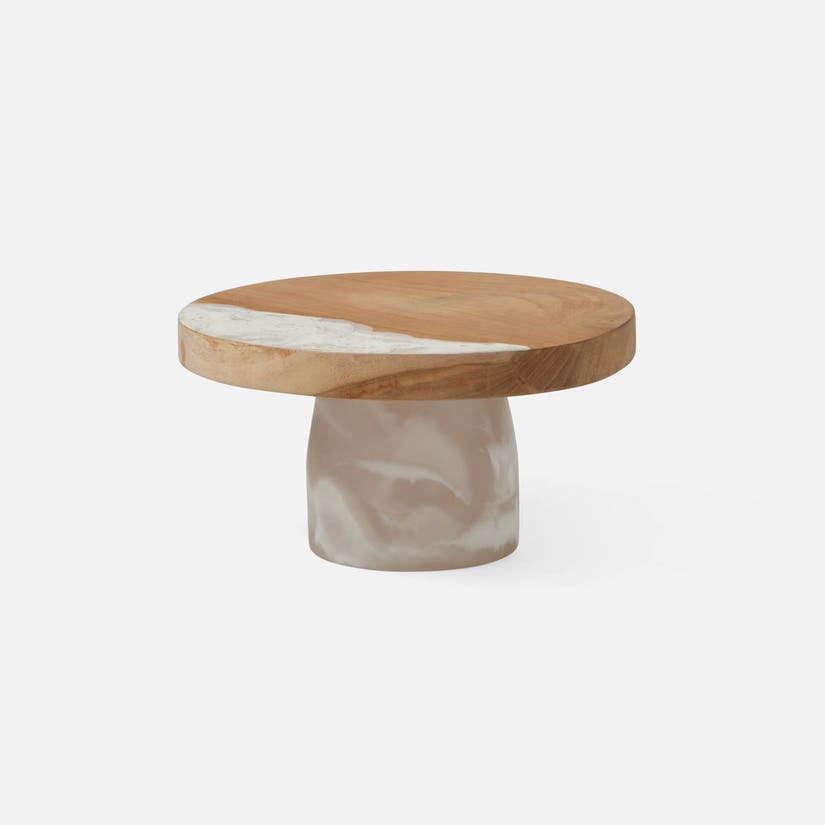 Austin Large Cake Stand - White Swirled Resin / Natural Teak