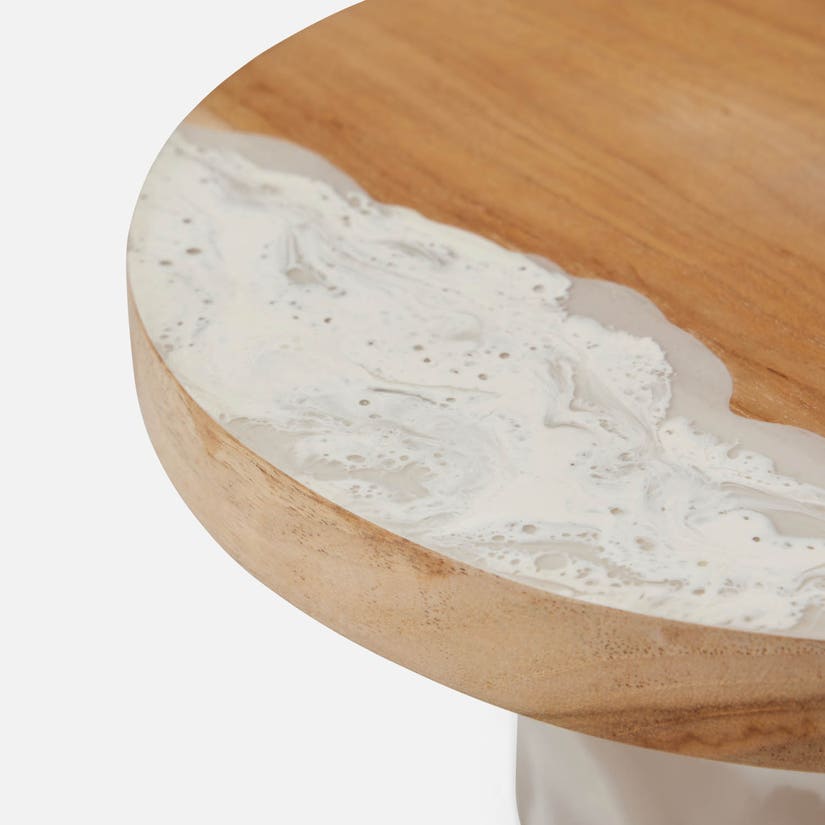 Austin Large Cake Stand - White Swirled Resin / Natural Teak