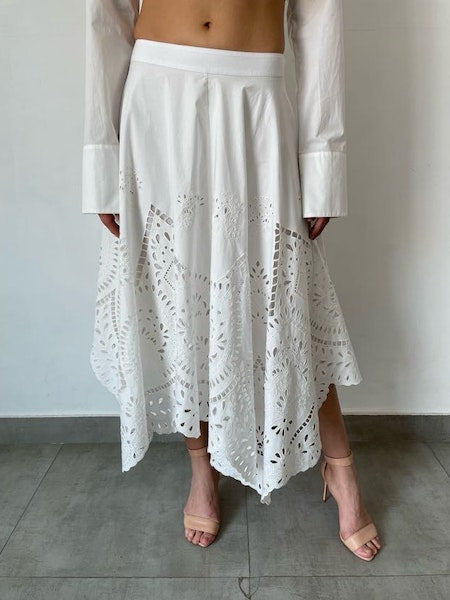 White Poplin Schiffly Midi Skirt