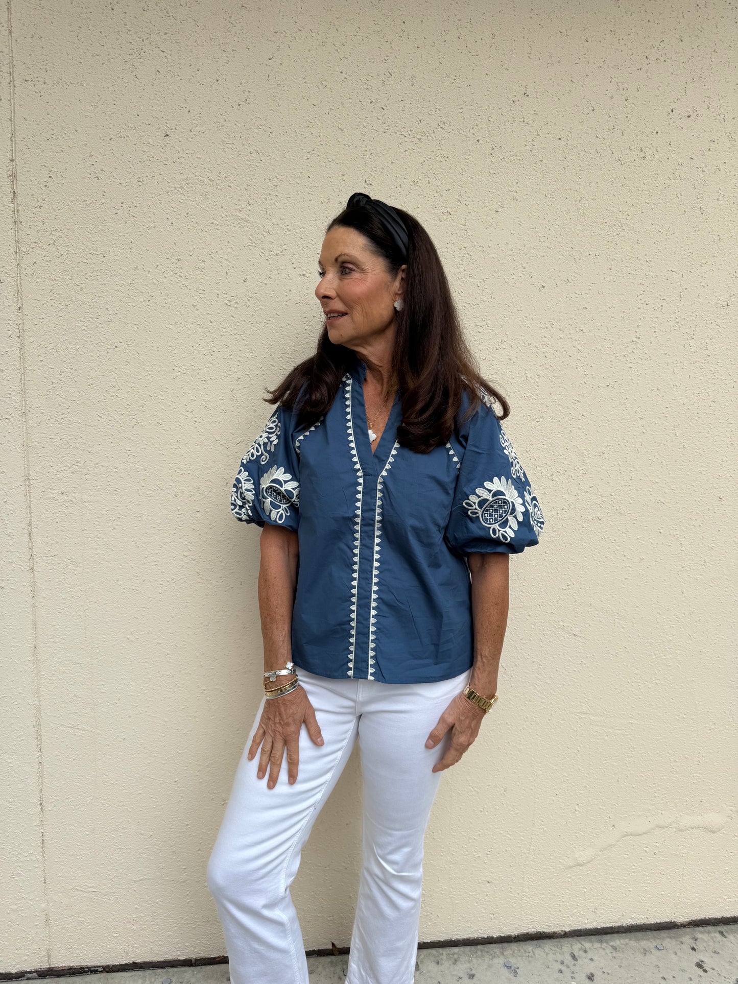 Azure Bloom Embroidered Puff Sleeve Top