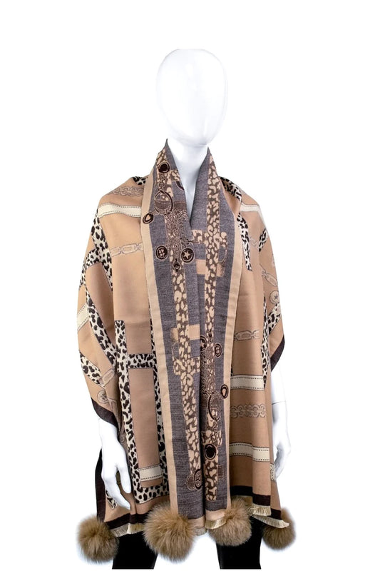 Camel Wide Scarf with Animal Print