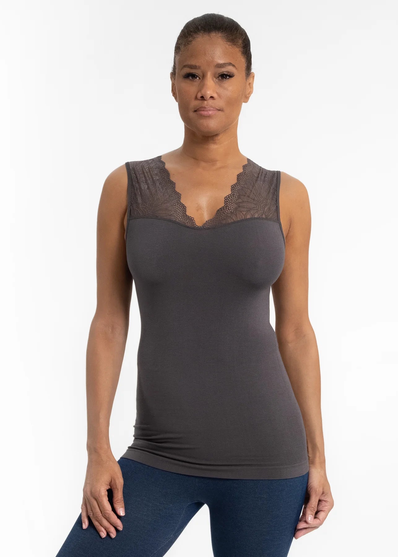 Lace Inset Top- Charcoal