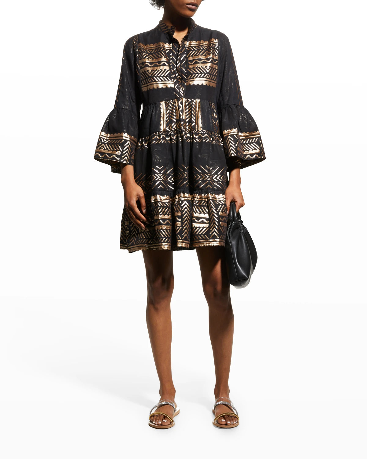 Bridget Geometric-Print Bell-Sleeve Mini Dress - Black