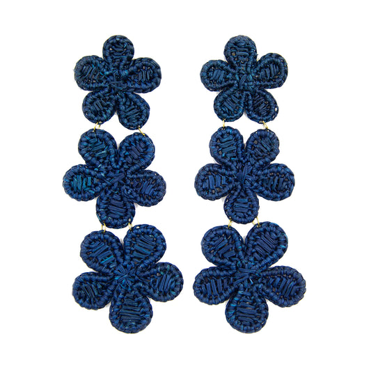 Triple Rattan Flower Earrings-Navy